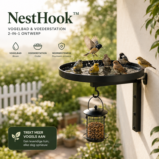 NestHook™ | Smeedijzer Vogelbadje & Haak — 2-in-1 Wandmontage