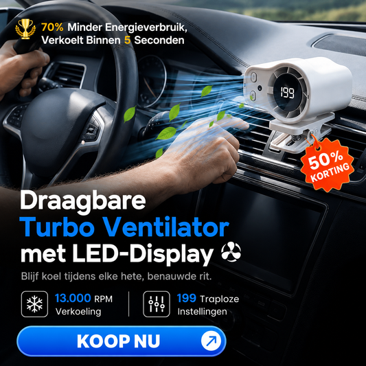 TurboBreeze™ | Draagbare turbine klemventilator met LED-display