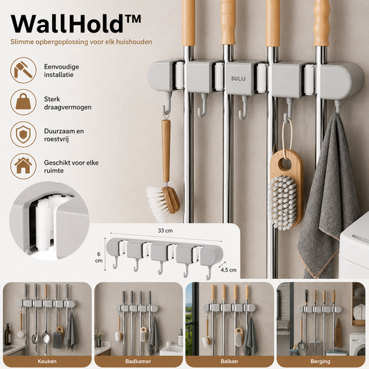 WallHold™ | Boorvrije wandhouder bezems, mops en gereedschap