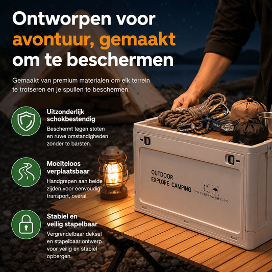 FoldOut™ | Opvouwbare campingkist met houten deksel