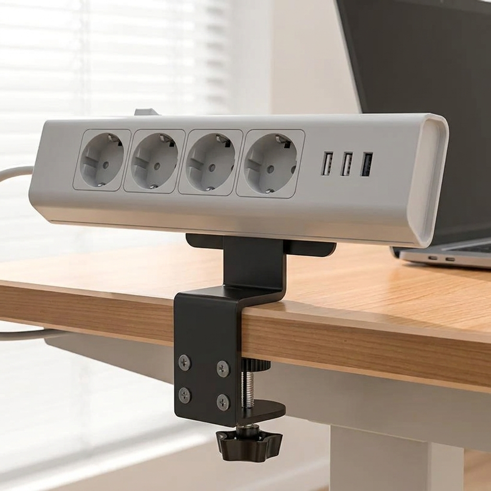 DeskDock stekkerdooshouder close-up op bureau