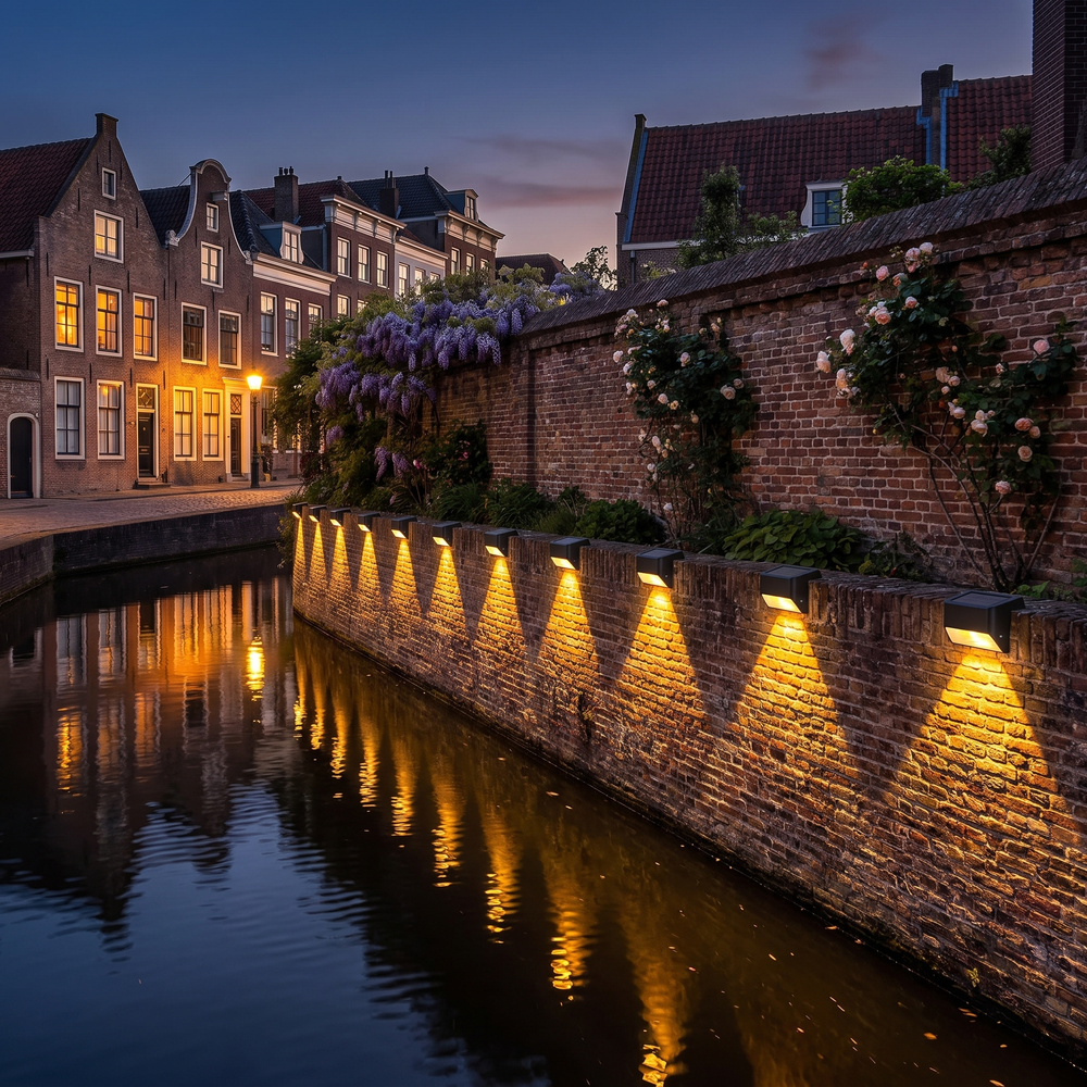 Rij GlowGuard lampen langs tuinmuur bij water